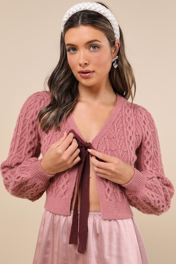 Expert Cutie Dusty Rose Cable Knit Tie-Front Cardigan Sweater 4