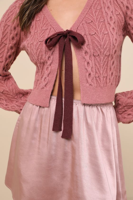 LULUS EXPERT CUTIE DUSTY ROSE CABLE KNIT TIE-FRONT CARDIGAN SWEATER 