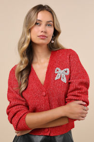 Wintery Sparkle Heather Red Rhinestone Bow Cardigan 5