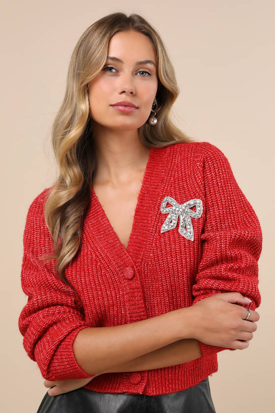 Wintery Sparkle Heather Red Rhinestone Bow Cardigan 5