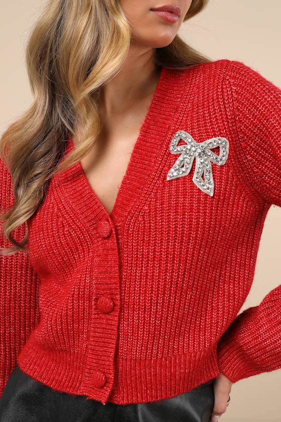 Lulus Wintery Sparkle Heather Red Rhinestone Bow Cardigan In Red
