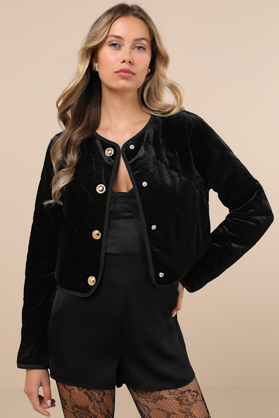 Poised Season Black Velvet Quilted Cropped Jacket 1