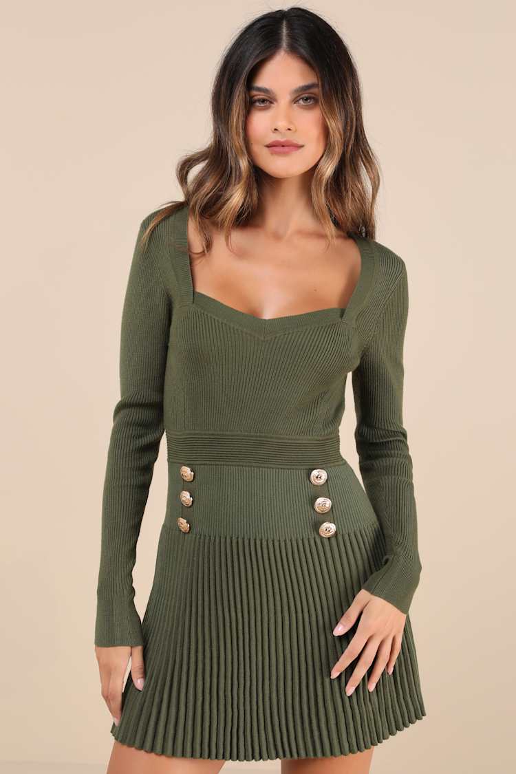 open lace back dress Dark Green Knitted Long Sleeve Midi Dress main image 0