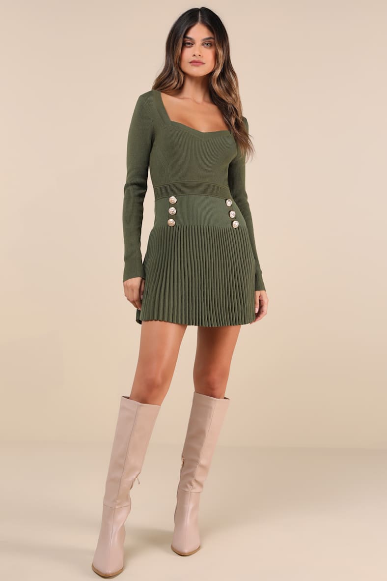 Chicest Crush Olive Ribbed Long Sleeve Mini Sweater Dress