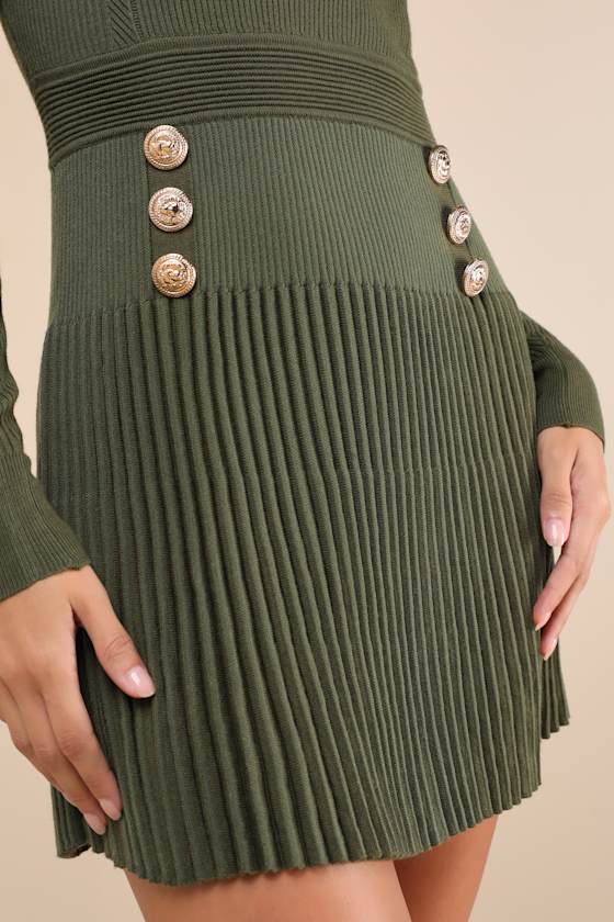 Lulus Chicest Crush Olive Ribbed Long Sleeve Mini Sweater Dress In Green