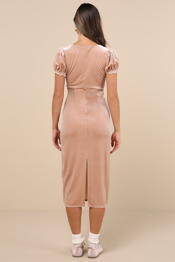 Idyllic Poise Blush Pink Velvet Puff Sleeve Lace Midi Dress