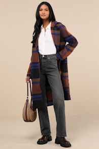 Ideal Weather Brown and Blue Plaid Coat 1