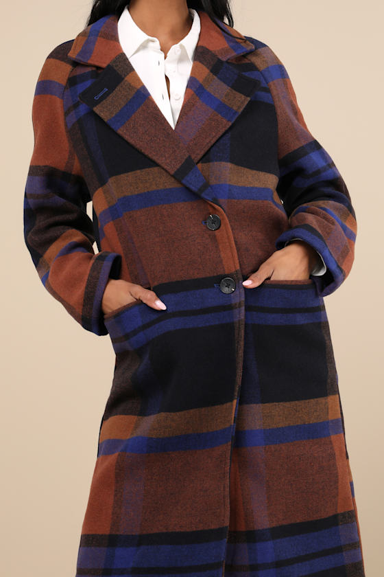 Shop Avec Les Filles Ideal Weather Brown And Blue Plaid Coat
