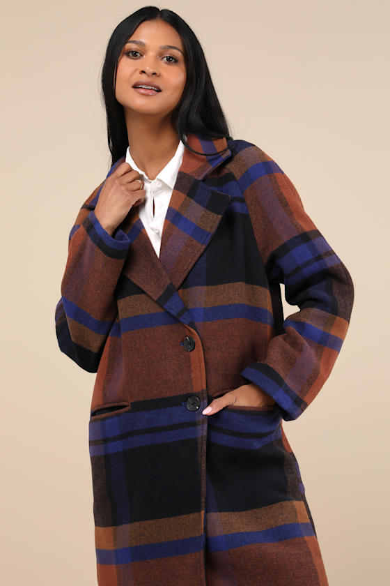 Shop Avec Les Filles Ideal Weather Brown And Blue Plaid Coat