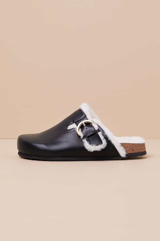 Lulus Carrina Black Faux Fur Buckle Mule Slides In Black