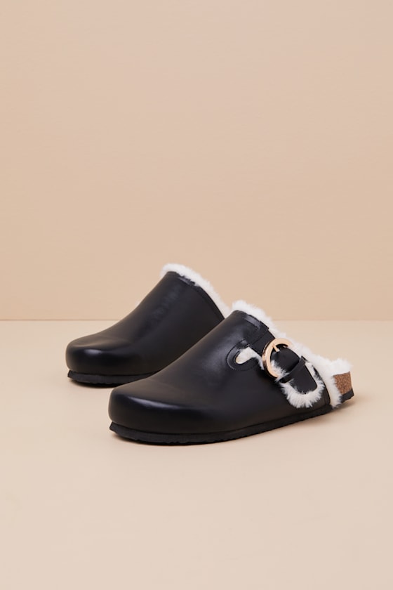Lulus Carrina Black Faux Fur Buckle Mule Slides In Black