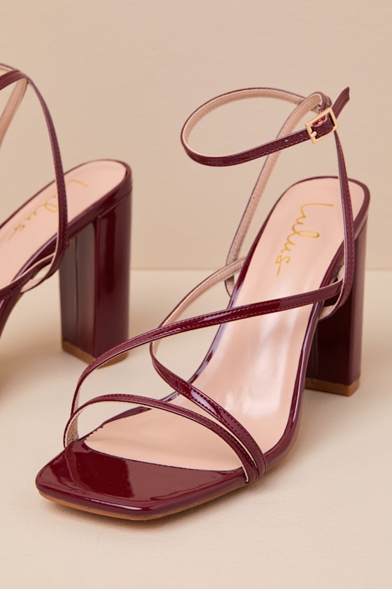 Lulus Makennaa Oxblood Patent Strappy High Heel Ankle Strap Sandals In Red