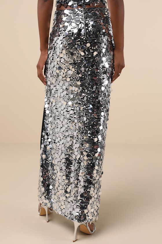 Lulus Prominent Sparkle Silver Sequin Maxi Skirt In Silver
