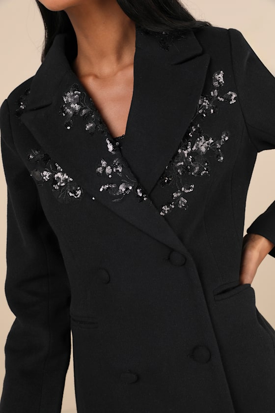 Avec Les Filles Sophisticated Weather Black Sequin Coat In Black