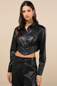 Exceptionally Intriguing Black Vegan Leather Button-Front Top 1