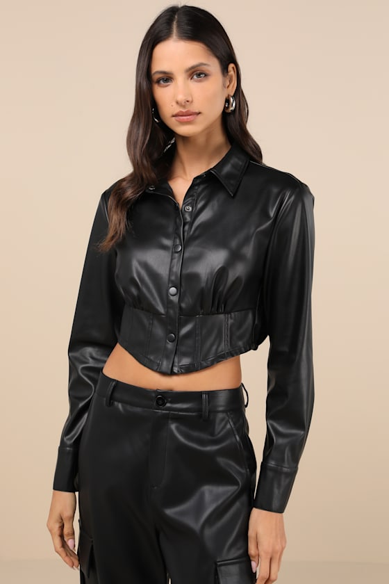 Exceptionally Intriguing Black Vegan Leather Button-Front Top 1