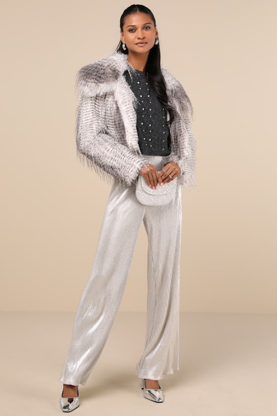 Avec Les Filles Premium Coziness Grey Faux Fur Cropped Jacket In Grey