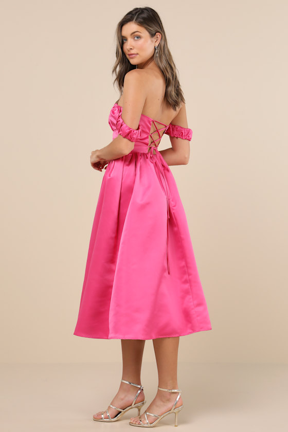 Lulus Coquette Essence Pink Satin Off-the-shoulder Lace-up Midi Dress In Pink
