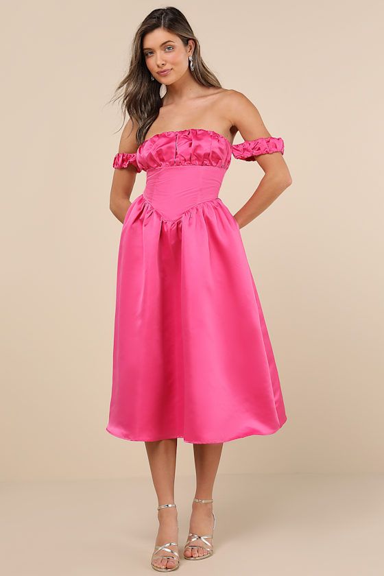 Lulus Coquette Essence Pink Satin Off-the-shoulder Lace-up Midi Dress In Pink