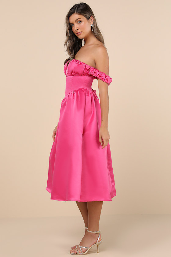 Lulus Coquette Essence Pink Satin Off-the-shoulder Lace-up Midi Dress In Pink