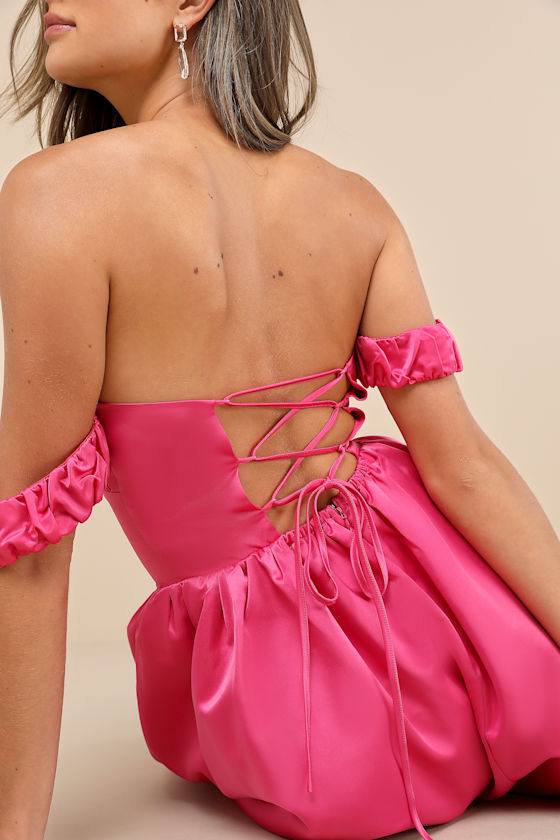 Lulus Coquette Essence Pink Satin Off-the-shoulder Lace-up Midi Dress In Pink
