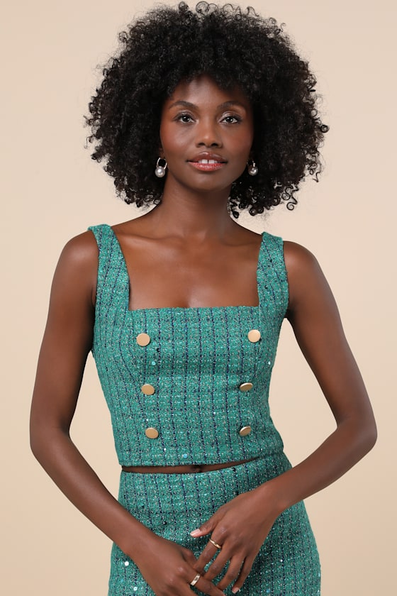 Lulus Exceptional Season Green Tweed Lurex Sequin Sleeveless Top In Green