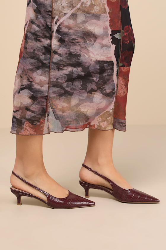 Boden Burgundy Croc-Embossed Kitten Heel Slingback Pumps 1