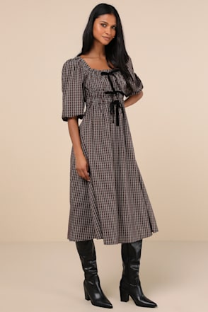 brown plaid button pleated midi dress Brown Plaid Button Pleated Midi Dress