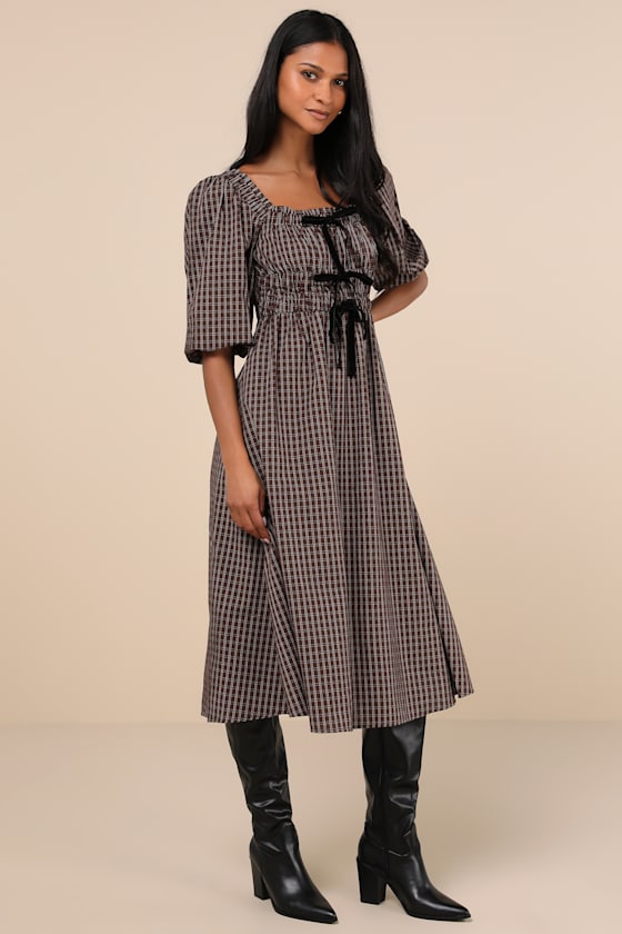Essence of Adorable Brown Plaid Midi Dress 1