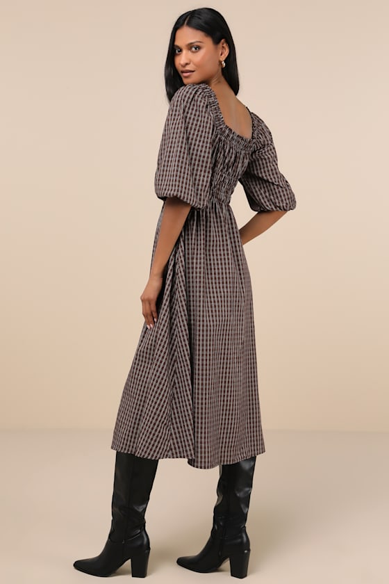 Essence of Adorable Brown Plaid Midi Dress 2