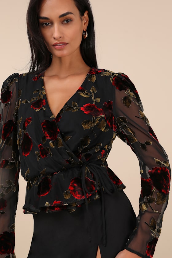 Lulus Memorably Poised Black Burnout Floral Surplice Top In Black