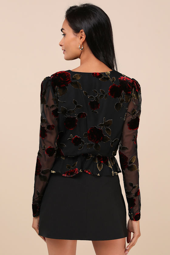 Lulus Memorably Poised Black Burnout Floral Surplice Top In Black