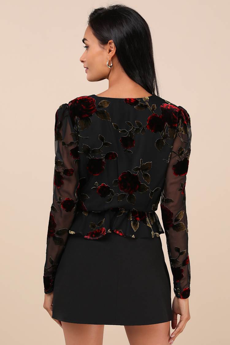 Memorably Poised Black Burnout Floral Surplice Top