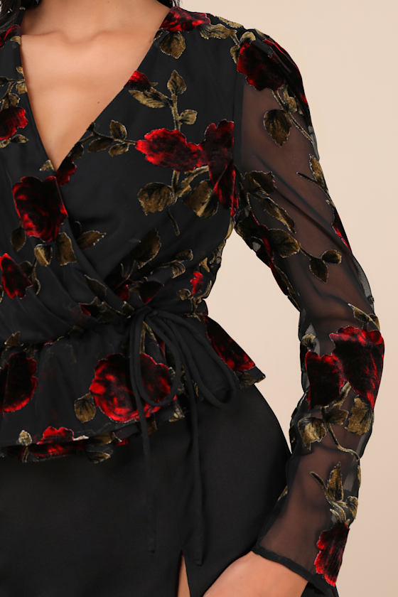 Lulus Memorably Poised Black Burnout Floral Surplice Top In Black