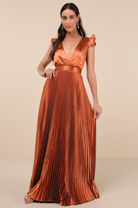 Exceptional Drama Rust Orange Satin Lace-Up Pleated Maxi Dress 1