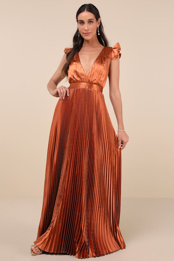 Exceptional Drama Rust Orange Satin Lace-Up Pleated Maxi Dress 1