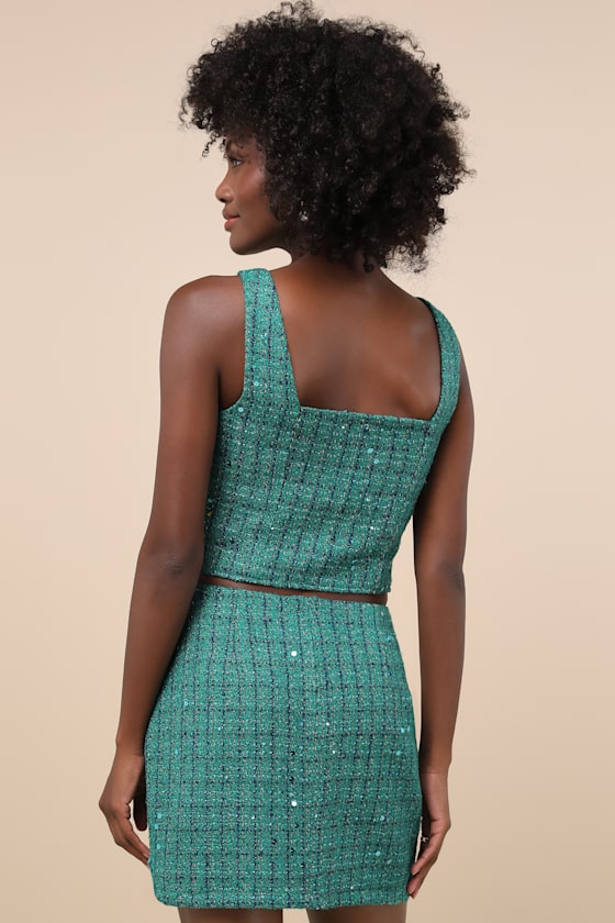 Lulus Exceptional Season Green Tweed Lurex Sequin Mini Skirt In Green