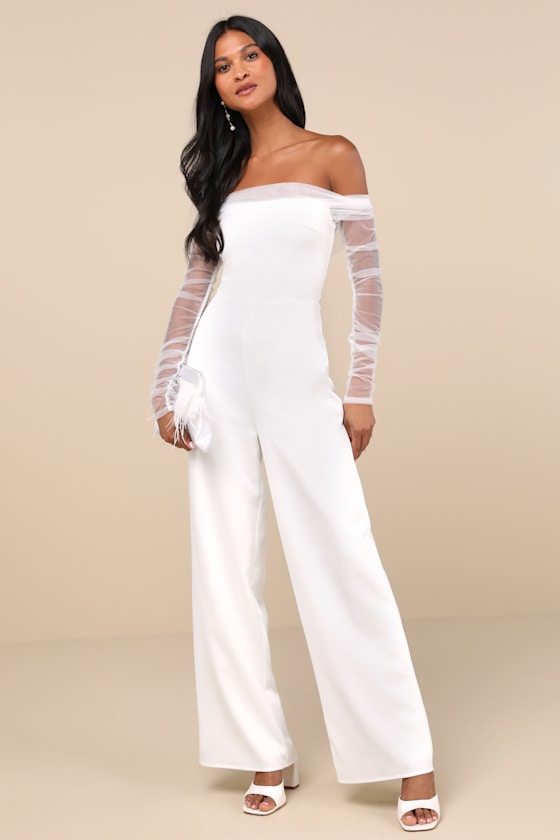 Lulus Eternal Bliss White Tulle Off-the-shoulder Wide-leg Jumpsuit In White