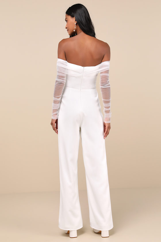 Lulus Eternal Bliss White Tulle Off-the-shoulder Wide-leg Jumpsuit In White