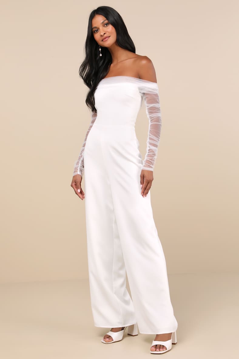 Eternal Bliss White Tulle Off-the-Shoulder Wide-Leg Jumpsuit