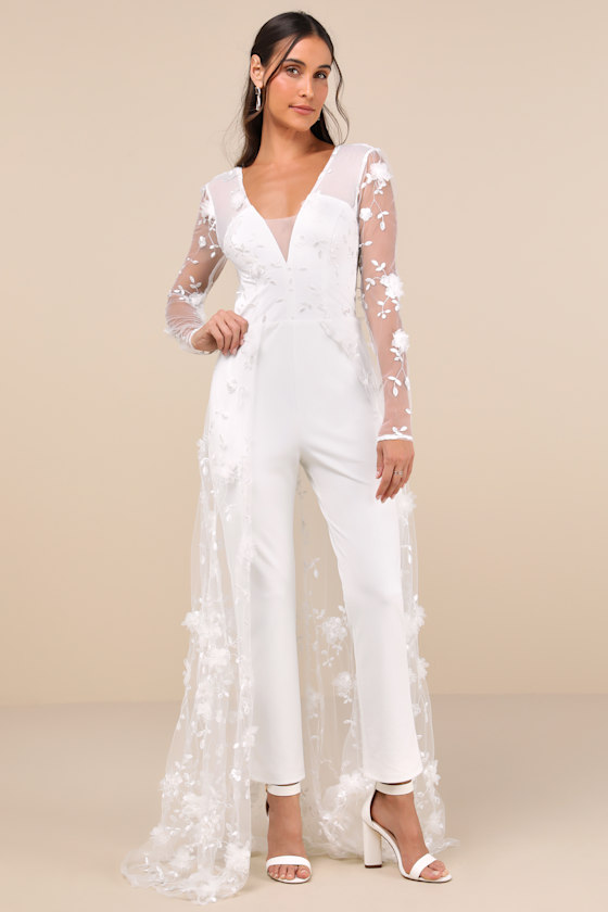 Image of Immaculate Favorite White Mesh Embroidered Cape Jumpsuit