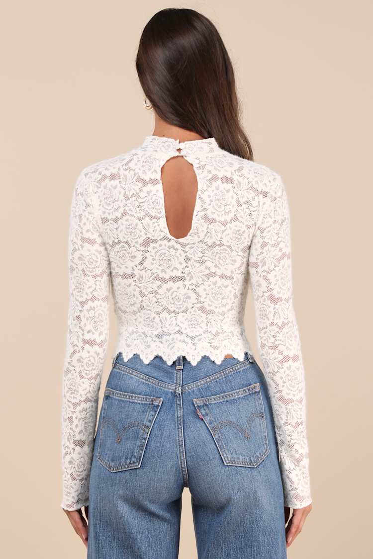 Exquisite Essential Ivory Fuzzy Lace Ruched Long Sleeve Top