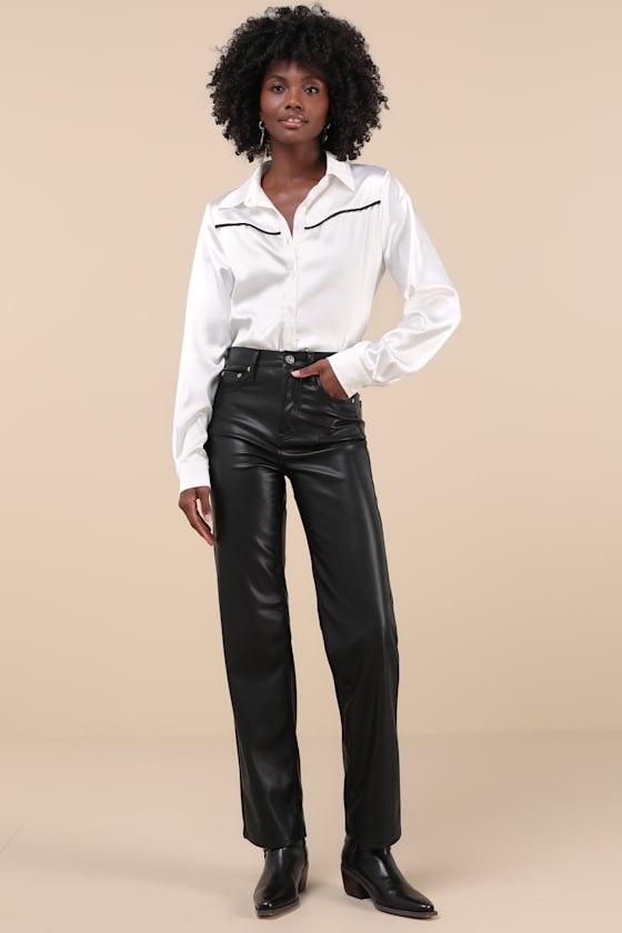 LULUS SOPHISTICATED CHARMER WHITE SATIN LONG SLEEVE BUTTON-UP TOP