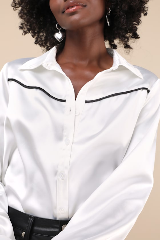 LULUS SOPHISTICATED CHARMER WHITE SATIN LONG SLEEVE BUTTON-UP TOP