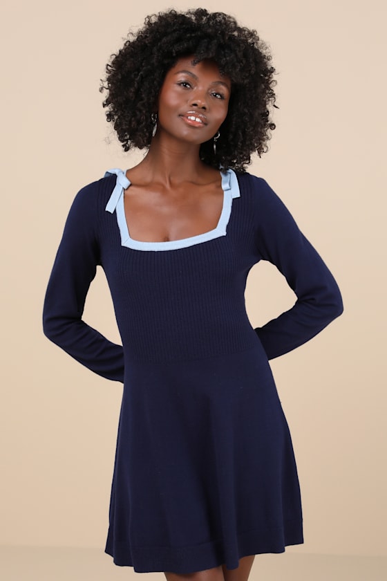 Lulus Perfect Outcome Navy Long Sleeve Sweater Mini Dress In Navy