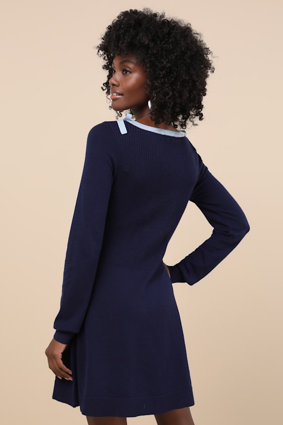 Lulus Perfect Outcome Navy Long Sleeve Sweater Mini Dress In Navy