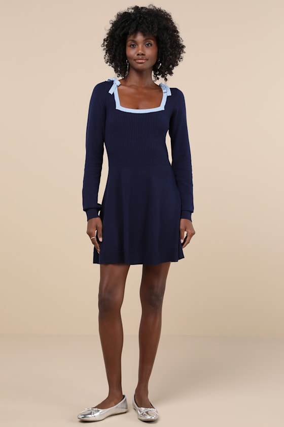 Lulus Perfect Outcome Navy Long Sleeve Sweater Mini Dress In Navy