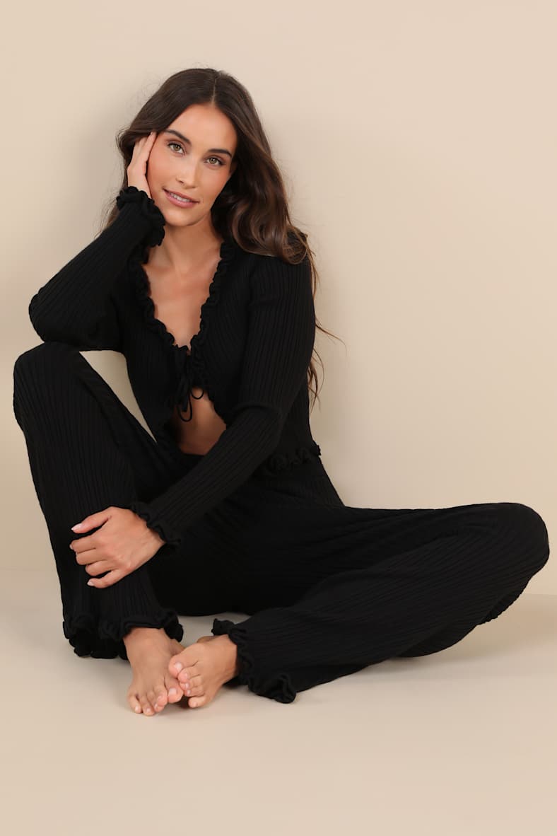 Comfy Always Black Ribbed Ruffled Two-Piece Lounge Set