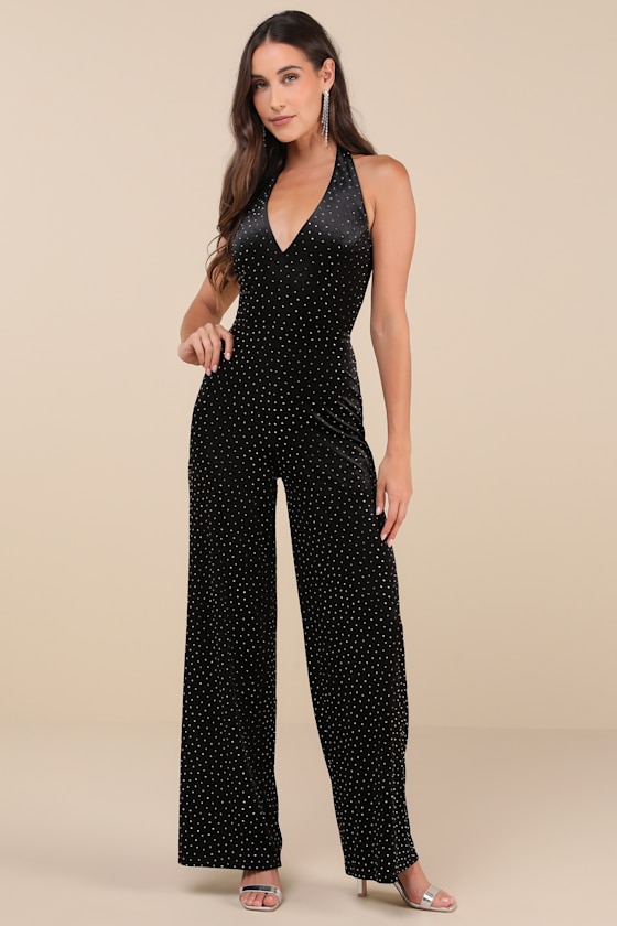 Lulus Incredible Glow Black Rhinestone Halter Neck Jumpsuit In Black