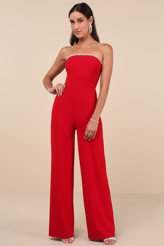 Lavish Muse Red Rhinestone Strapless Jumpsuit 2